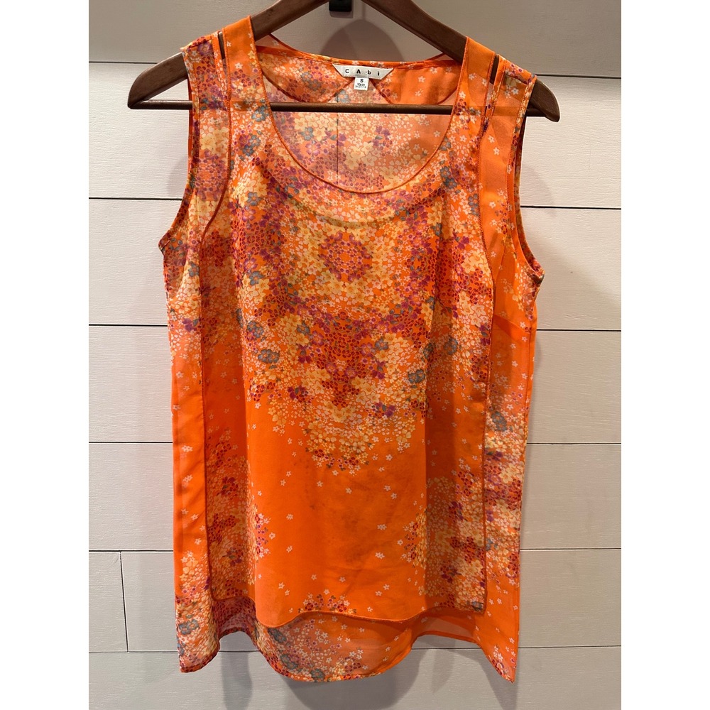 Cabi Womens Orange Floral Sleeveless Blouse Scoop Neck Layered Shoulder Top 268